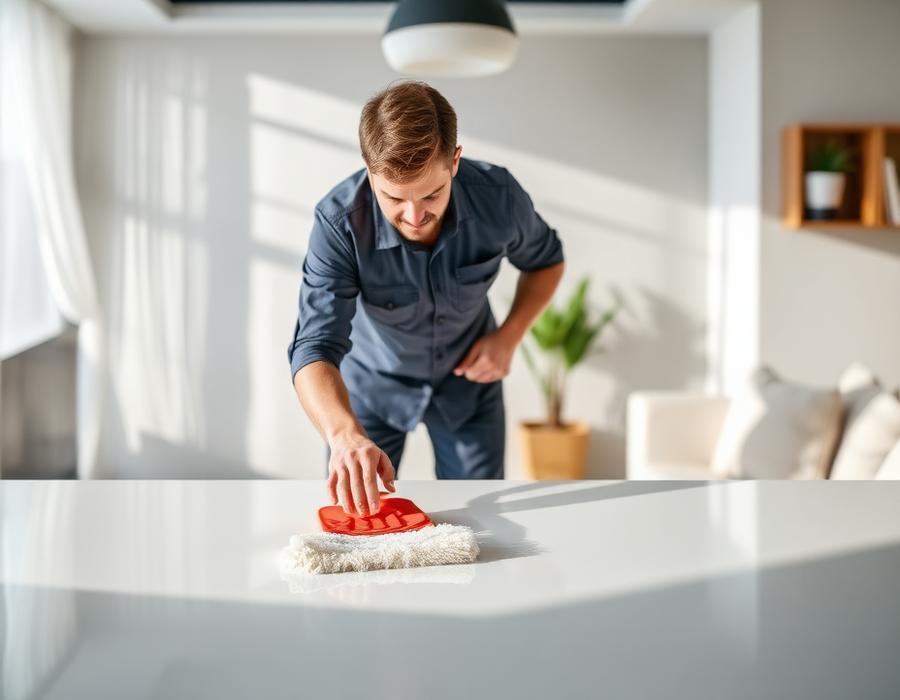 Professional cleaner wiping a clean modern living room surface